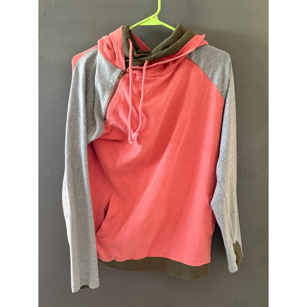 Ampersand Ave Women Coral Gray Olive Colorblock Side Zip Double Hood Hoodie L
